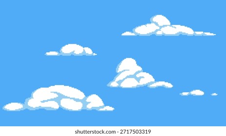 Conjunto de nuvens pixel art para planos de fundo do jogo. Sprites cumulus fofo, desenhos animados elementos do céu em estilo retro de 8 bits. Ideal para criar paisagens aéreas nostálgicas, animações de rolagem lateral e cenas digitais.