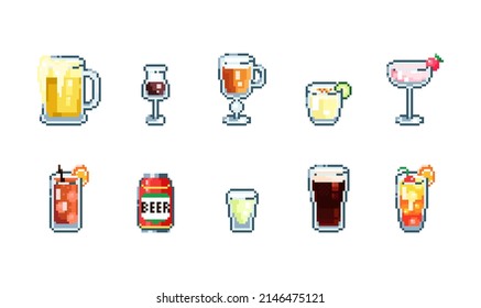 Set of Pixel art cocktail and beer set. Retro 90s gaming 8 bit icon of pixel mosaic glasses and shots drinks. Vector pixel classic party beverage for game and stickers.	
