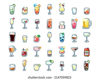 Conjunto de cócteles de arte Pixel. Juego retro de 90 icono de 8 bits de copas de mosaico píxel de bebidas alcohólicas. Bebida de fiesta clásica de píxeles vectoriales para juegos y emoticones.	