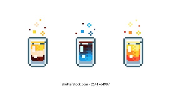 Set of Pixel art cocktail shots set. Retro 90s gaming 8 bit icon of pixel mosaic glass of alcohol shots drink. Vector pixel classic party beverage for game and stickers.