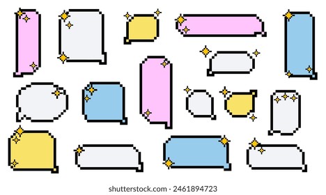 Set of pixel art colorful speech bubbles. Dialogue box with stars in 8 bit style. Modern vintage vector illustration. Text boxes for chats and games. Various talk balloon shapes in retro 90's style