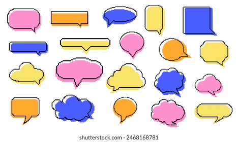 Set of pixel art colorful speech bubbles. Dialogue box in 8 bit style. Modern vintage vector illustration. Text boxes for chats and games. Various talk balloon shapes in retro 90's style