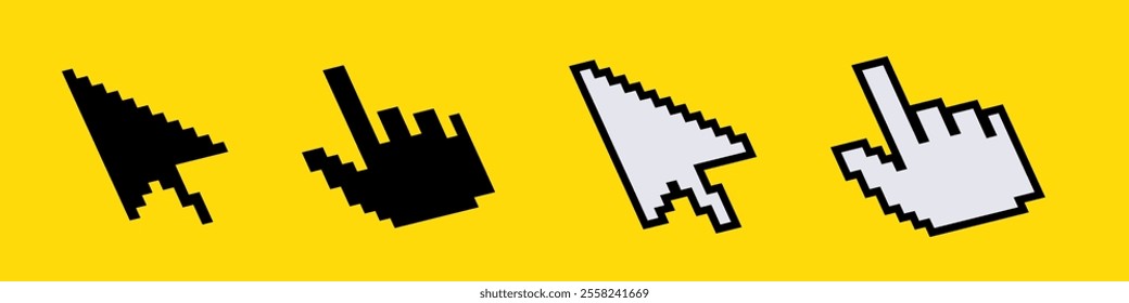 A set of pixel art computer cursors and pointers, featuring arrows and hands in contrasting black and white styles. perfect for digital design themes.