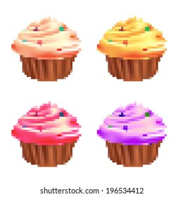 Set of pixel art cupcakes isolated on white background