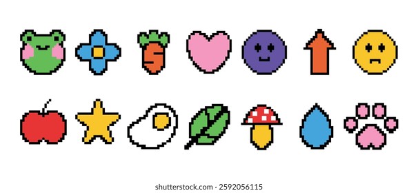Set of pixel art cute stickers. Pixelated heart, flower, apple, egg, emoji, mushroom, arrow, drop of water, star, frog, carrot, paw, leaf icon. Retro game 8 bit effect. 2D sprite sheet