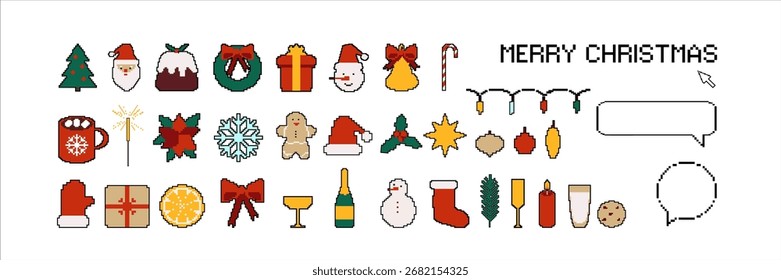 Conjunto de pixel art design Iconos de Navidades alegres Burbujas de discurso de 8 bits de Antiguas y símbolos de Navidad. Feliz año Nuevo colección Video en estilo de juego retro