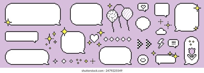 Conjunto de cuadros de diálogo de arte de píxeles con estrellas brillantes emoji, corazón y destellos. Burbujas del habla en el sentimiento de la estética de los 90. Ilustración vectorial pixelada estilo retro de 8 bits