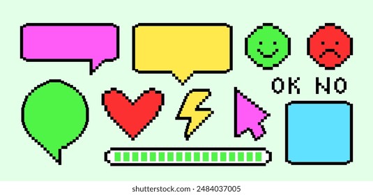 Set of Pixel Art Dialogue box. Pixelated Arrow, Love heart. Speech Bubbles in the Mood of 90's Aesthetics. Vector Illustration.