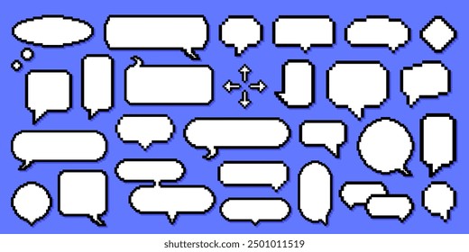 Set of pixel art dialogue box, speech bubble, retro video game icon, arrow and flash text message or quote frame for computer gaming technology. Pixel 8 bit cyberspace game symbol. Gamer message box.