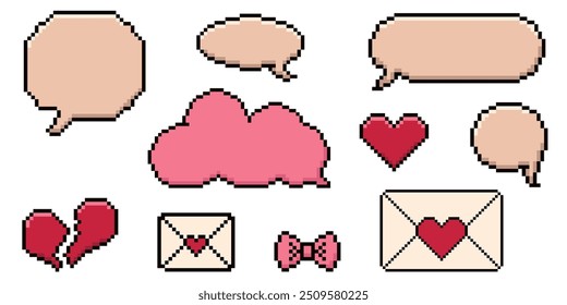 Conjunto de cuadro de diálogo de pixel art, corazón, estrella, nube. Burbujas de discurso en el sentimiento de la estética de los 90. Vector 8-bit ilustración de estilo retro.