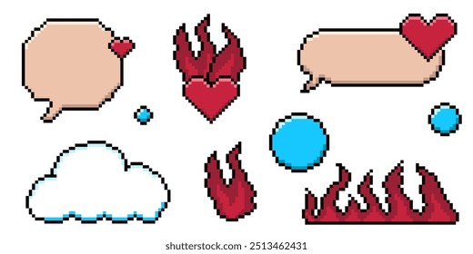 Conjunto de cuadro de diálogo de pixel art, corazón, estrella, nube. Burbujas de discurso en el sentimiento de la estética de los 90. Vector 8-bit ilustración de estilo retro.