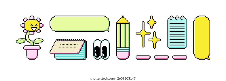 Set of pixel art dialogue box and retro game style elements. Speech bubbles in the mood of 90's aesthetics. Vector 8-bit pixelated style illustration