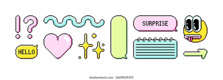 Set of pixel art dialogue box and retro game style stickers. Speech bubbles in the mood of 90's aesthetics. Vector 8-bit pixelated illustration