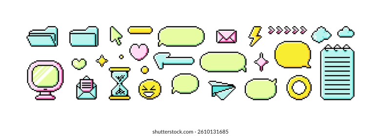 Set of pixel art dialogue box and retro game style elements. Speech bubbles in the mood of 90's aesthetics. Vector 8-bit pixelated style illustration