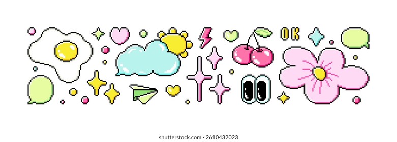 Set of pixel art dialogue box and retro game style elements. Speech bubbles in the mood of 90's aesthetics. Vector 8-bit pixelated style illustration