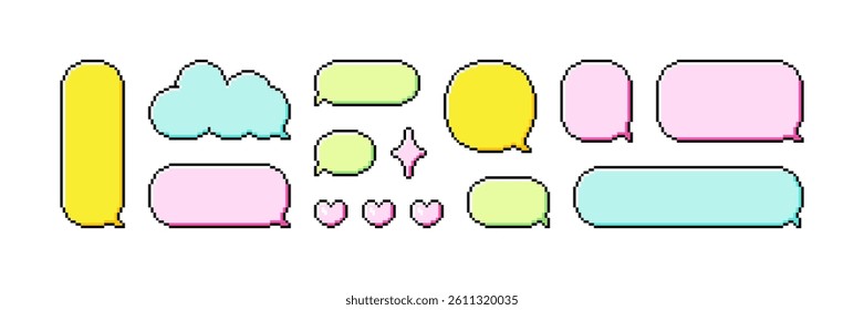 Set of pixel art dialogue box, heart, star and cloud. Speech bubbles in the mood of 90's aesthetics. Vector 8-bit retro style illustration.