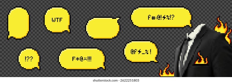 Set von Pixel Art Dialog mit schwörenden Worten. Gelbe Sprechblasen in der Stimmung der Ästhetik der 90er Jahre. Vektorgrafik im 8-Bit-Retro-Stil.
