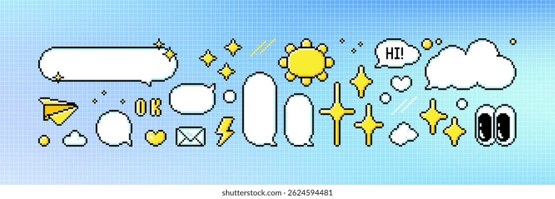 Set of pixel art dialogue box and retro game style elements. Speech bubbles in the mood of 90's aesthetics. Vector 8-bit pixelated style illustration
