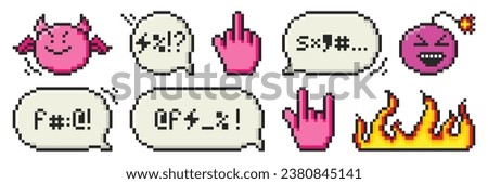 Set of pixel art dialogue box with swear words, evil emoji, bomb, hands and fire. Speech bubbles in the mood of 90's aesthetics. Vector 8-bit retro style illustration. 