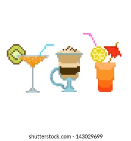 Set pixel art drinks, beverages, cocktails isolated