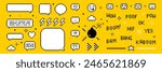 Set of pixel art elements. Pixel bomb. Speech bubbles set. Text boom, pow, bam, kaboom. Vintage design. Y2k trendy stickers. Mood of 90