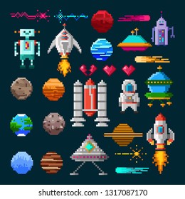 Set of pixel art elements for space war game. Pixel planets, spaceships, aliens, astronaut, fire etc. Vector illustration for games in retro style.