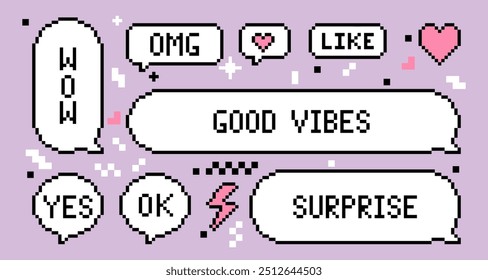 Set of pixel art elements. Pixel speech bubbles set with text Wow, Omg, Good Vibes, Ok, Surpise, Yes. Vintage design. Y2k trendy sticker. Mood of 90's aesthetics. 8-bit retro style vector illustration