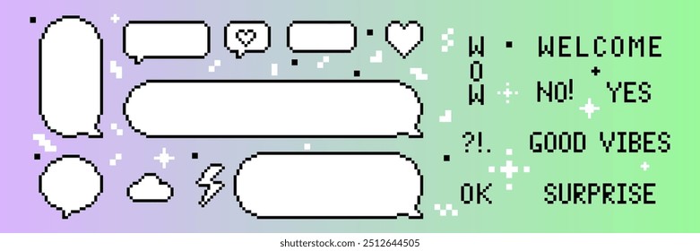 Set of pixel art elements. Pixel speech bubbles set. Text Welcome, Ok, Surpise, Yes, No. Vintage design. Y2k trendy stickers. Mood of 90's aesthetics. 8-bit retro style vector illustration