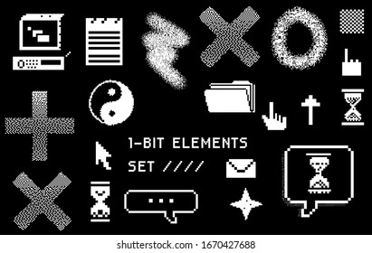 Set of pixel art elements in vaporwave retro 80's style. Geometric shapes and user interface icons.