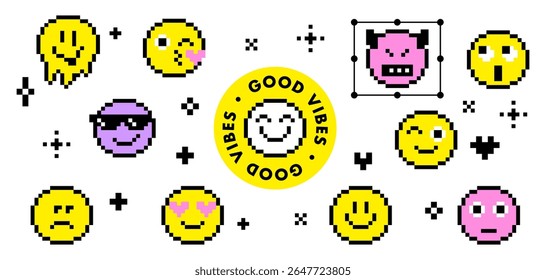 Conjunto de faces amarelas emoticon pixel art. Retro 8 bits círculo ícones de sorriso de expressão feliz, triste e irritada. Rosto sorridente derretendo, óculos de sol frescos, piscar, rir, olhos de amor e adesivos de beijo no saco branco
