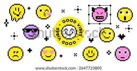 Set of pixel art emoticon yellow faces. Retro 8 bit circle smile icons of happy, sad and angry expression. Smiling melting face, cool sunglasses, wink, laugh, love eyes and kiss stickers on white bg