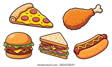 set of pixel art fast food icons featuring pepperoni pizza chicken drumstick burger sandwich hotdog