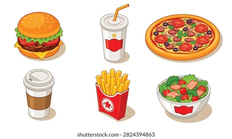 Set of pixel art fast food icons including burger pizza fries and beverages