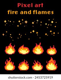 Conjunto de llamas de fuego de arte píxel para el diseño del juego.