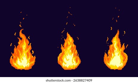 Set of pixel art fire flames. Vector illustration with glowing orange and yellow tones. Stylized sprite sheet for retro video game design.