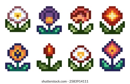 Set of pixel art flowers in various colors on a white background. Retro 8-bit botanical design, perfect for games, icons, stickers, and digital projects with a nostalgic aesthetic.