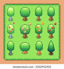 Set of pixel art fruite trees for retro games. Vegetation elements for filling locations and maps of topdown games.