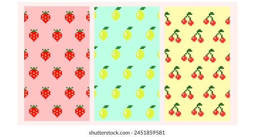 Set of pixel art fruits cherry, lemon, strawberry, for kitchen breakfast lunch dinner cooking background	
