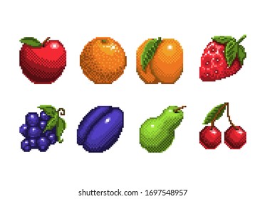 set of pixel art fruits icon. 32x32 pixels. Vector illustration on a white background.