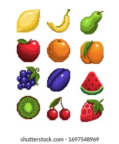 set of pixel art fruits icon. 32x32 pixels. Vector illustration on a white background.