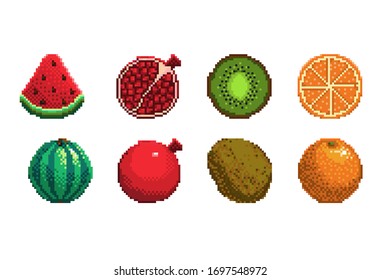 set of pixel art fruits icon. 32x32 pixels. Vector illustration on a white background.
