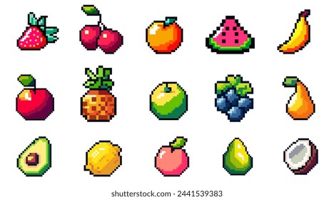 Conjunto de frutas de arte píxel. Antiguo estilo 8 bits iconos de comida saludable. Manzana, plátano, cereza, limón, melocotón, coco, pera, fresa, sandía, naranja y otros. Conjunto de elementos vectoriales arcade de ordenador vintage