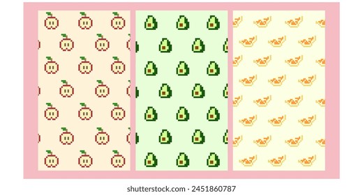 Set of pixel art fruits orange, avocado, apple , for kitchen breakfast lunch dinner cooking background wallpaper	