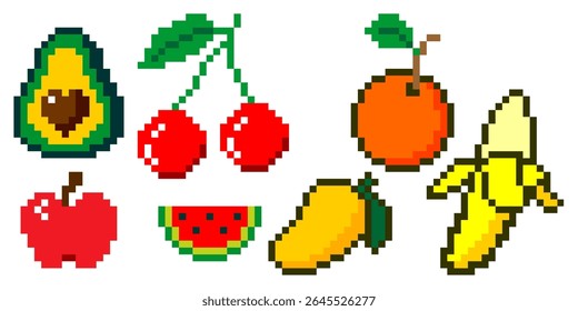 Set of pixel art fruits in retro 8-bit style. Great for games, apps, and digital artwork.