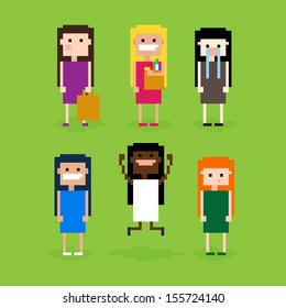 Set of pixel art girls, showing different emotions, vector illustration