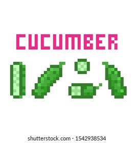Set of pixel art green cucumbers (uncut, cut in half, sliced) isolated on white background. Collection of 8 bit vegetable icons. Old school vintage retro 80s, 90s slot machine/video game graphics.