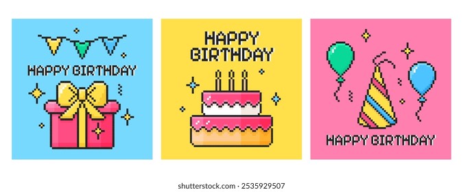 Set of pixel art happy birthday square cards. Y2k pixelated posters with present gift box, party hat and flags, balloons and cake with candles. Bday elements and celebration text in 8bit retro style