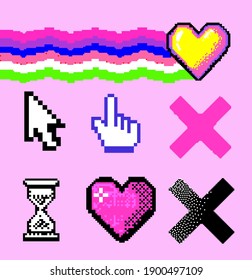 Set of pixel art heart, cursors and crosses. Vector 8-bit retro style illustration.