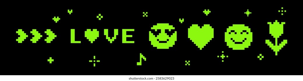 Set of pixel art heart, flower icon, smile face, text Love. Game abstract elements. Geometric love pattern. Trendy Y2k retro sticker. Playful pixel shapes. Mood of 90's aesthetics. Black background
