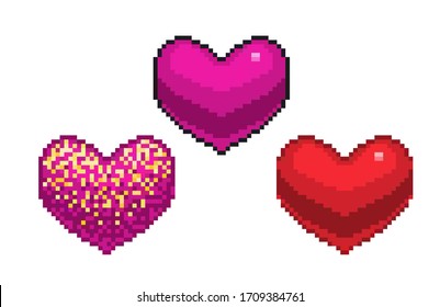 set pixel art heart icon, vector illustration isolated on white background